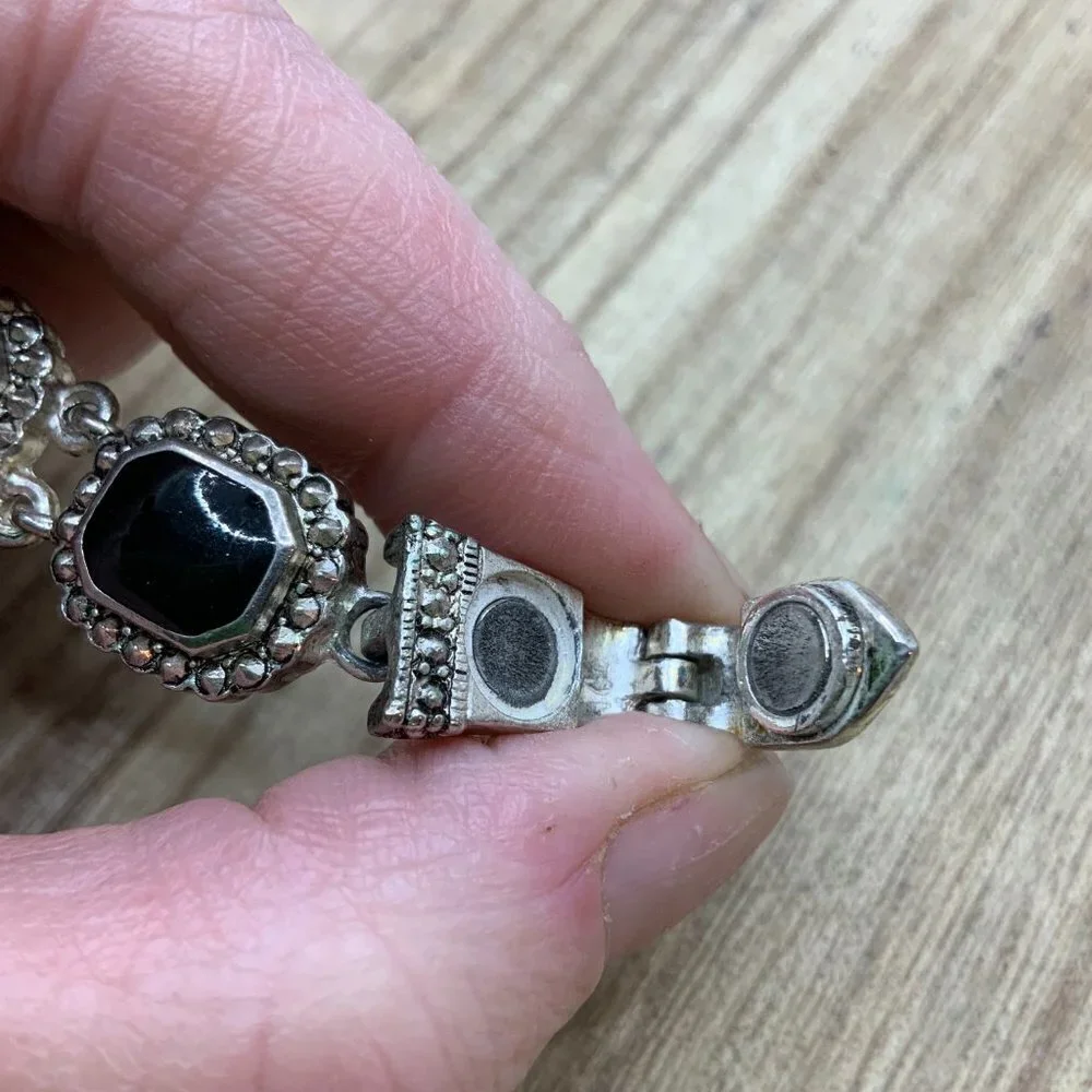 Black Faux Onyx Glass Antique Style Silver Tone Border Bracelet